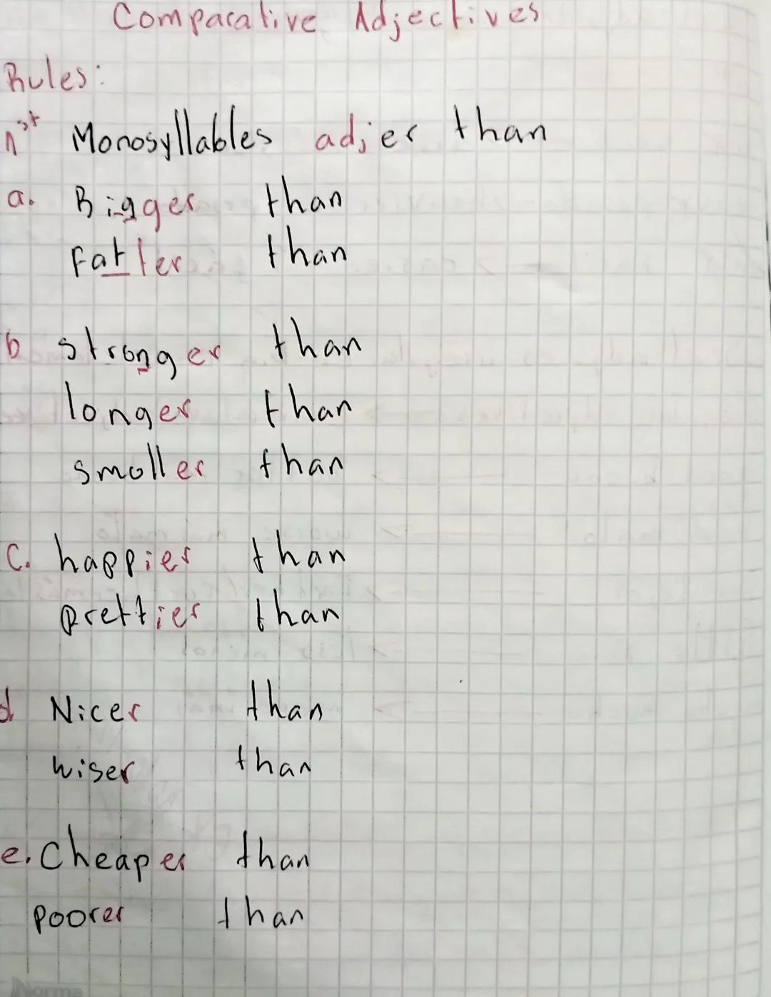 Comparative Adjectives

Rules:
* Monosyllables adjer than
a. Bigger than
Fatler than

b stronger than
longer than
Smoller than

C. happier t