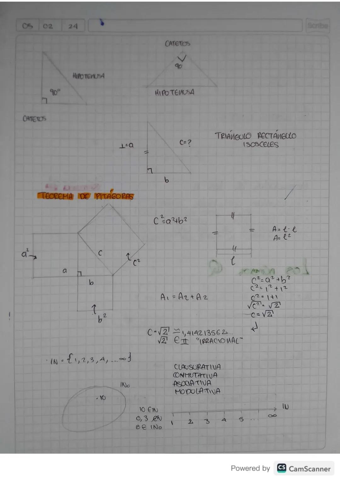 ```markdown
CS
05 02 24 Scribe

CATETOS

78
HIPOTENDA
90°
HIPOTENUSA

CATETOS


i

C=?
1=a

キ

TEOREMA DO PITAGORAS

a
C
(2
b
1
"b²

・IN={1,
