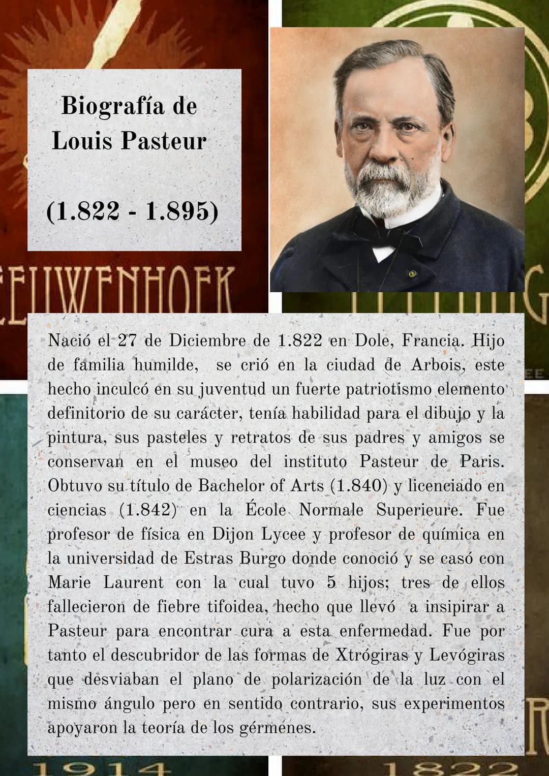 Biografía de
Louis Pasteur
(1.822 - 1.895)
EUWENHOFK
3
Nació el 27 de Diciembre de 1.822 en Dole, Francia. Hijo
de familia humilde, se crió 