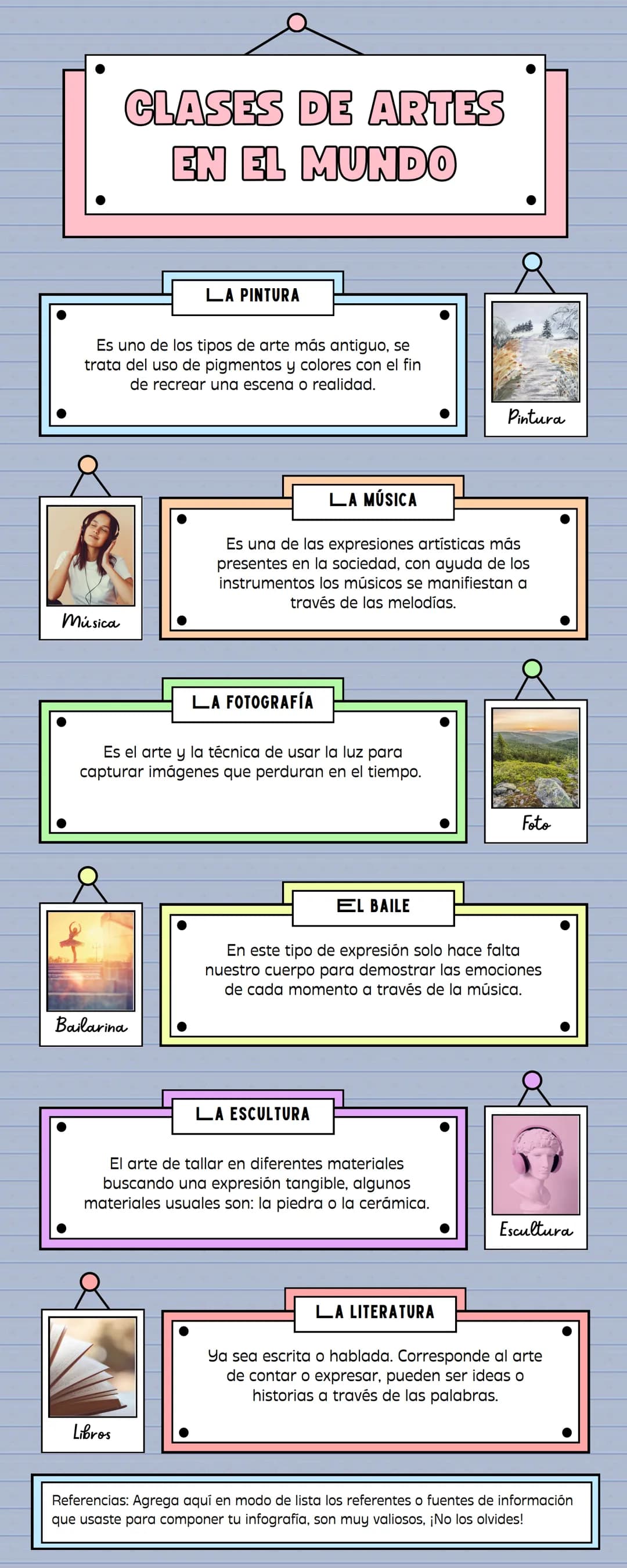 CLASES DE ARTES
EN EL MUNDO
LA PINTURA
Es uno de los tipos de arte más antiguo, se
trata del uso de pigmentos y colores con el fin
de recrea