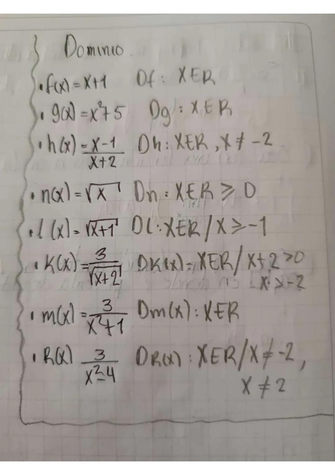 Dominio
f(x)=x+ Of: XER
900=x75 Dg: XER
•h(x)=x-1 Dh: XERX-2
X+2
A
• nxx)=√x Dn=XER D
•! (x)=√X+T DL:XER/X>-1
K(x)=DKx)= XER/X+20
•
3
1x+2
3