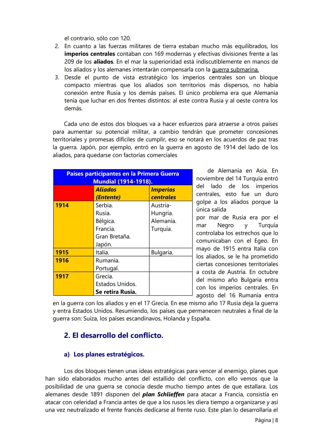 6.
La I Guerra Mundial.
El desarrollo del nacionalismo/imperialismo de las potencias europeas va a ser el
causante general de la Gran Guerra