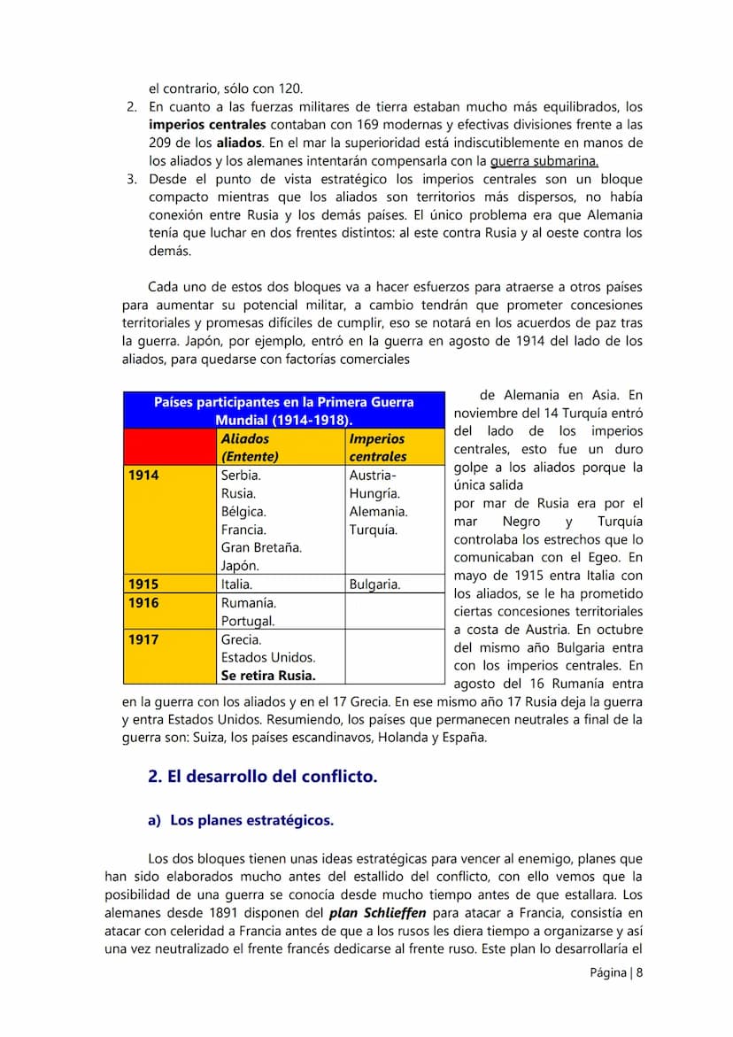 6.
La I Guerra Mundial.
El desarrollo del nacionalismo/imperialismo de las potencias europeas va a ser el
causante general de la Gran Guerra