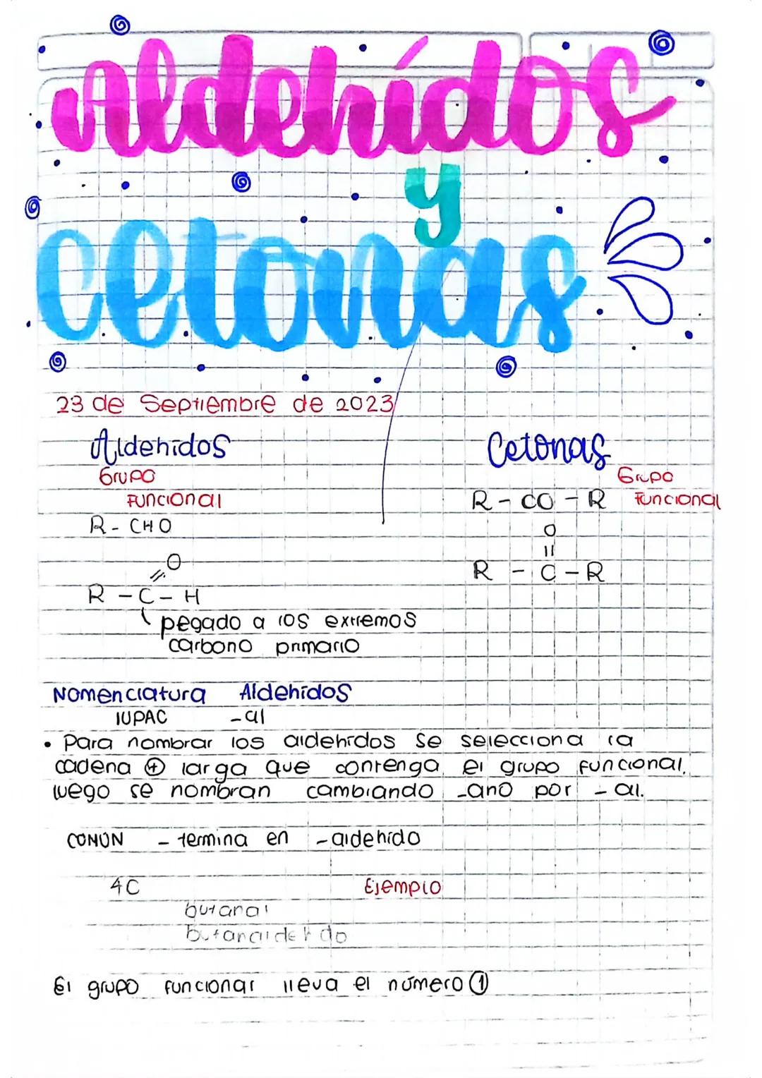 # Aldehido's

y

# celonas

23 de Septiembre de 2023

# Aldehidos

Grupo
Funcional
R-CHO

# Cetonas

Grupo
R-CO-R Funcional

$$\underset{O}{