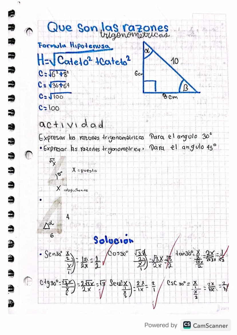 u uu u D
Que Son las razones
trigonometricas
Formula Hipotenusa
H=√ Cateto² +Cateto²
C:√6+8
C: 36+64
10
6cm
C:100
Caloo
actividad
B
8cm
Expr