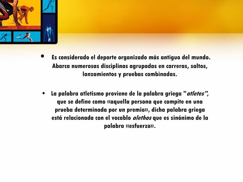 $ 5
✓ ATLETISMO •
Es considerado el deporte organizado más antiguo del mundo.
Abarca numerosas disciplinas agrupadas en carreras, saltos,
la