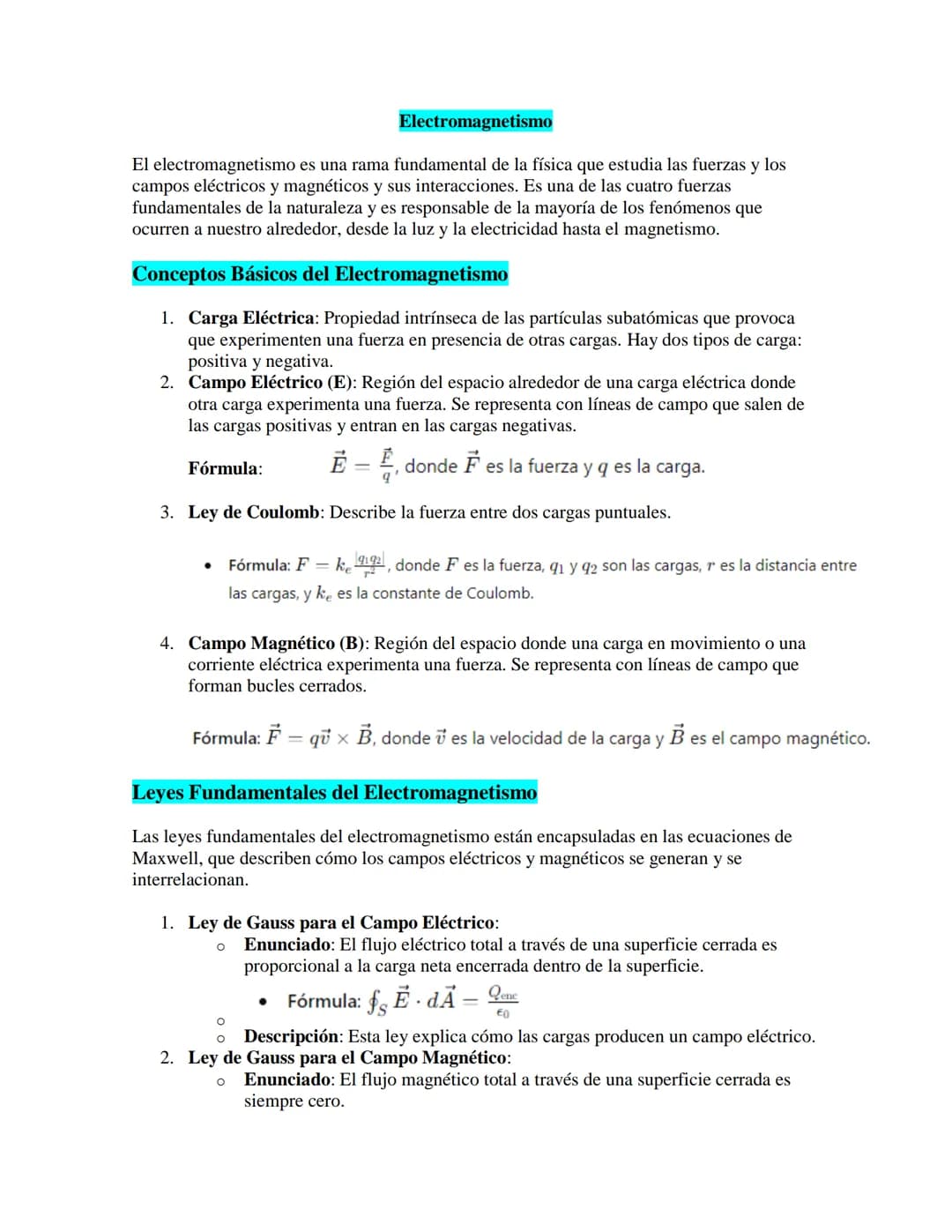 Electromagnetismo
El electromagnetismo es una rama fundamental de la física que estudia las fuerzas y los
campos eléctricos y magnéticos y s