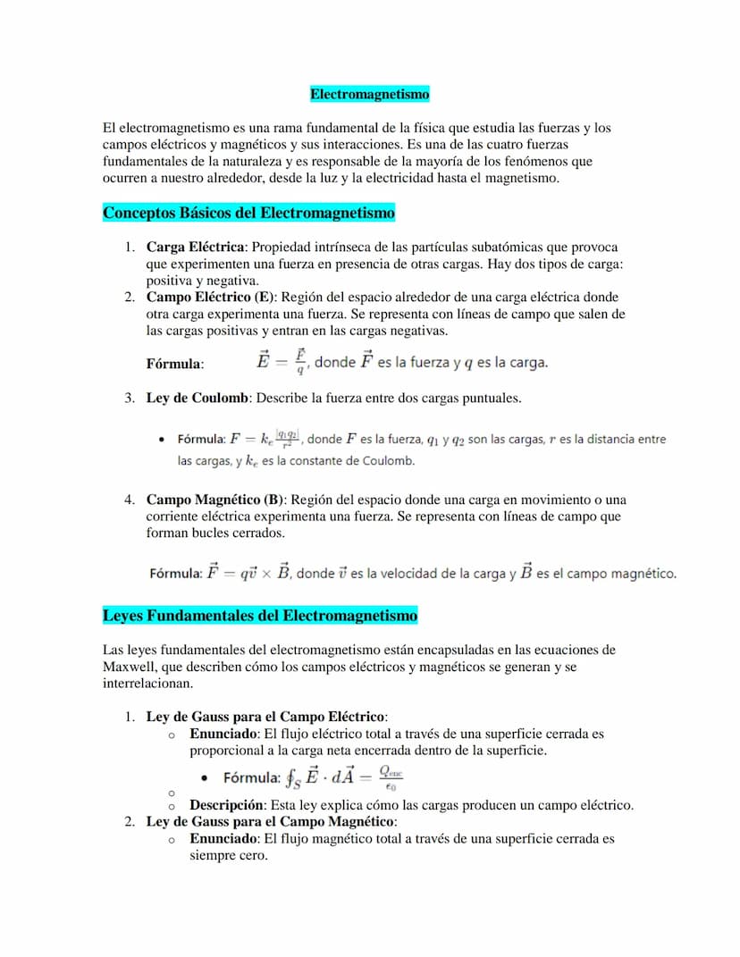Electromagnetismo
El electromagnetismo es una rama fundamental de la física que estudia las fuerzas y los
campos eléctricos y magnéticos y s