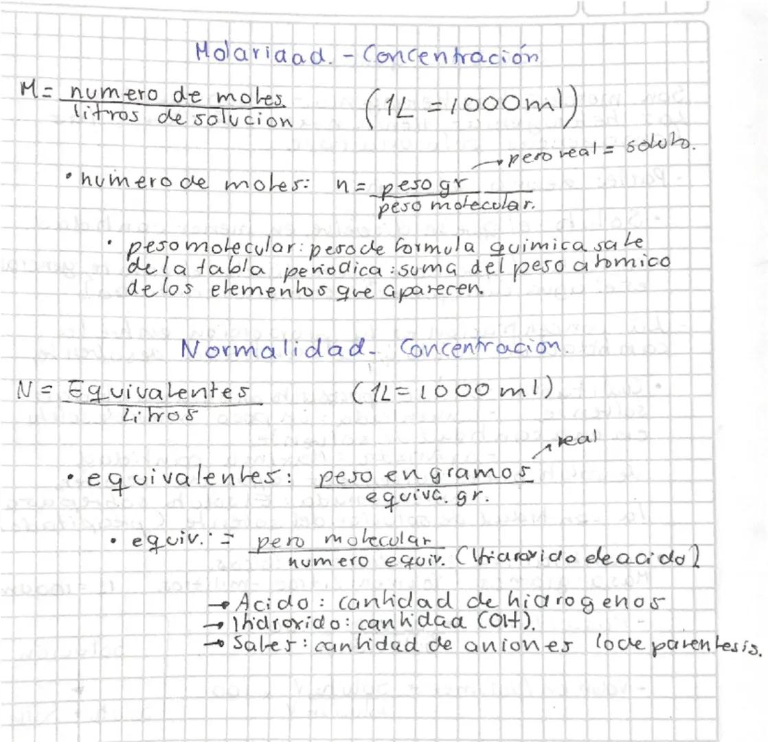 Moariaad. - Concentración
M = numero de moles
litros de solucion.
(1L = 1000ml)
• humero de moles: n = peso gr
.
• pero real = soluto.
peso 
