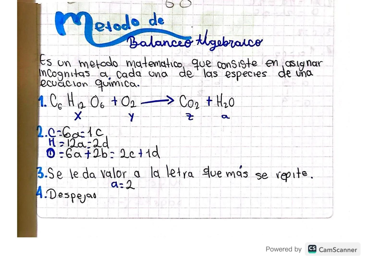 # Metodo de
Balanceo Algebraico
Es un metodo matematico, que consiste en asignar
InCognitas a Cada una de las especies de una
ecuacion quimi