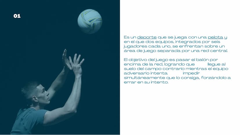 VOLEIBOL
03 01
Es un deporte que se juega con una pelota y
en el que dos equipos, integrados por seis
jugadores cada uno, se enfrentan sobre