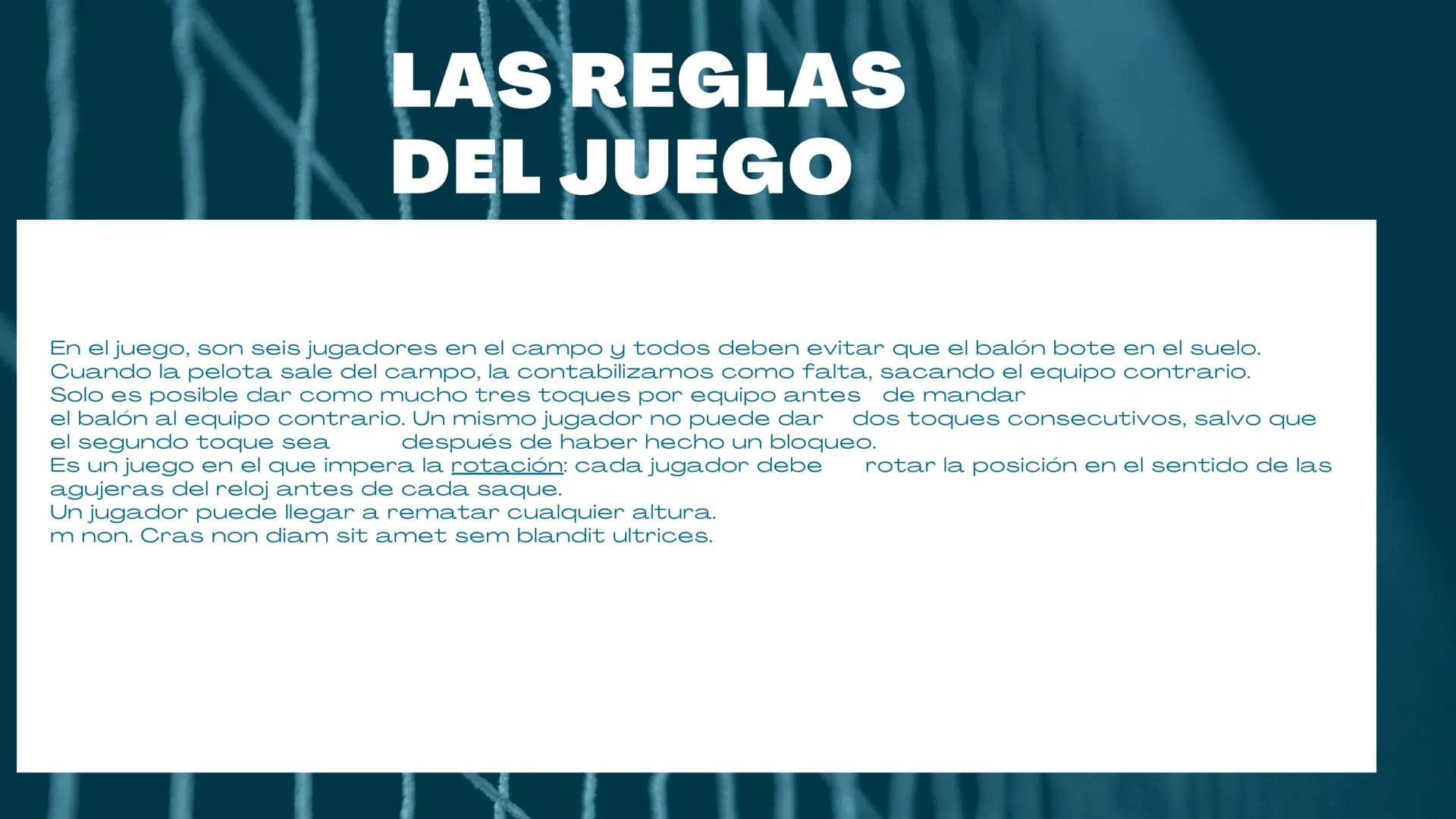 VOLEIBOL
03 01
Es un deporte que se juega con una pelota y
en el que dos equipos, integrados por seis
jugadores cada uno, se enfrentan sobre