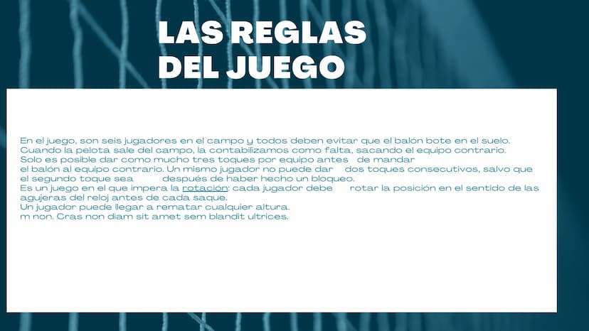 VOLEIBOL
03 01
Es un deporte que se juega con una pelota y
en el que dos equipos, integrados por seis
jugadores cada uno, se enfrentan sobre