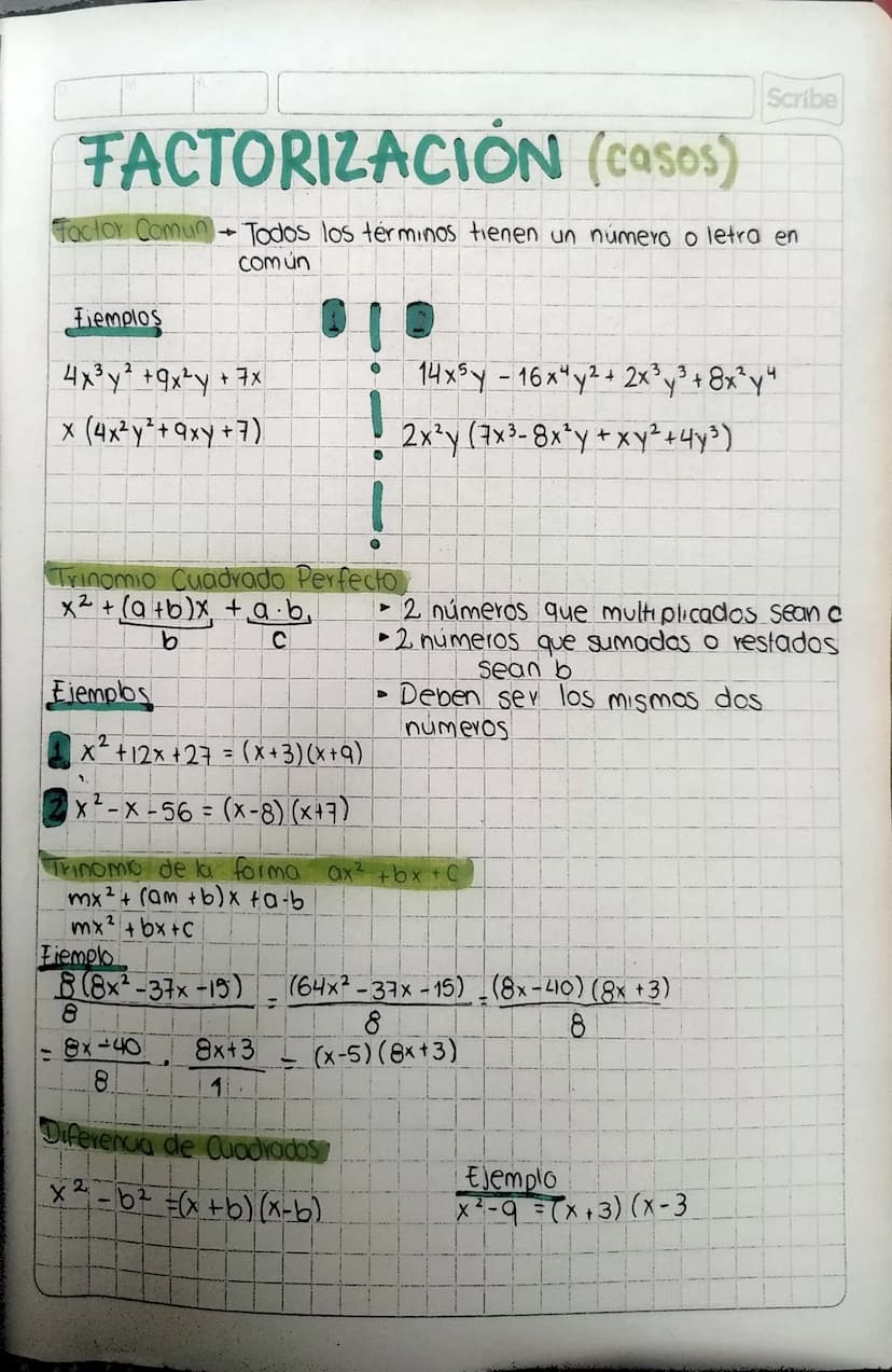 Scribe
FACTORIZACIÓN (casos)
Factor ComunTodos los términos tienen un número o letra en
común
Fiemplos
4x³×2 +9x2x+7x
x (4x² y²+9xy+7)
14x5-