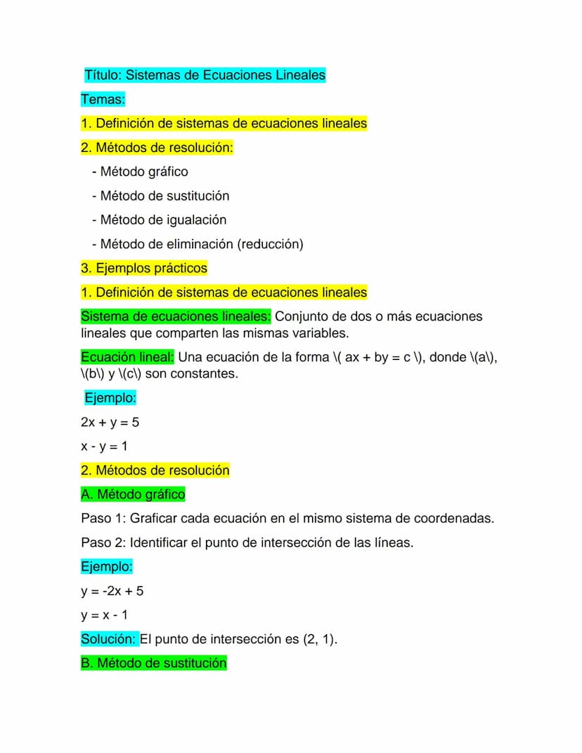 Título: Sistemas de Ecuaciones Lineales
Temas:
1. Definición de sistemas de ecuaciones lineales
2. Métodos de resolución:
- Método gráfico
-