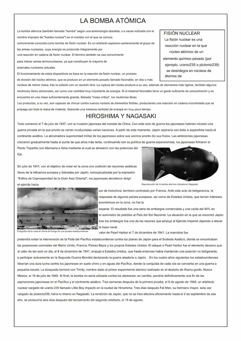 LA BOMBA ATÓMICA
La bomba atómica (también llamada "bomba" según una terminología obsoleta, o a veces indicada con el
nombre impropio de "bo