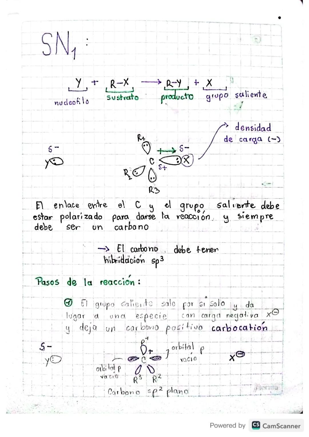 # SN₁

```

Y + R-X → R-Y + X
nudeofilo Sustrato producto grupo saliente

```

5-
yo

```

S-
C
3X
S+
R
R3

densidad
de carga (-)

```

El e