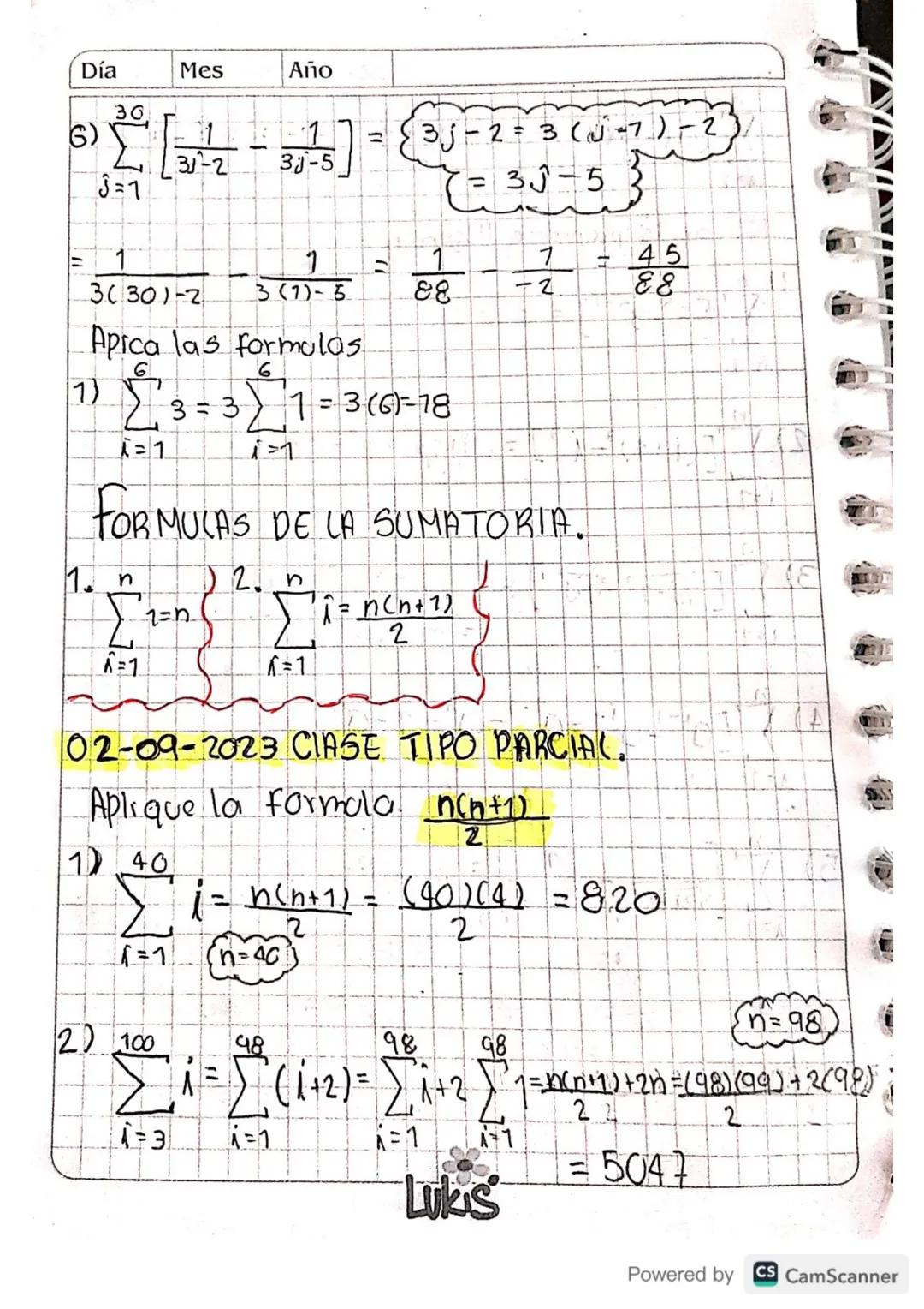 ID TD TTD TT
9
Día
Mes
Año
-X. YB-Y. Y₁ = (X-1) m (m=xt+Y")
•Clase 4
28/08/2023.
•Sumatoria"
Calculo II: Suma enesima
de una serie.
Definici