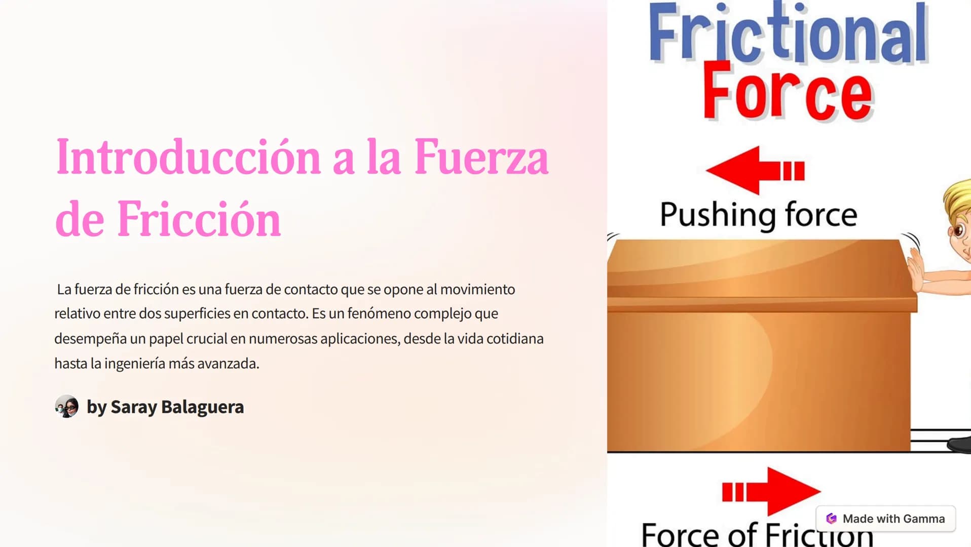 Introducción a la Fuerza
de Fricción
Frictional
Force
Pushing force
La fuerza de fricción es una fuerza de contacto que se opone al movimien