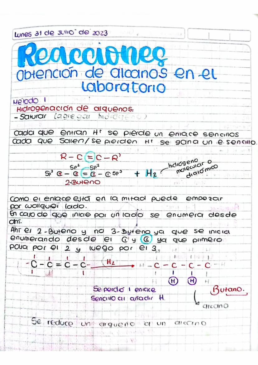 Lunes 31 de Julio de 2023
Reacciones
Obtención de alcanos en el
laboratorio
Metodo I
Hidrogenación de alquenos:
- Saturar lagregar hidrogen)