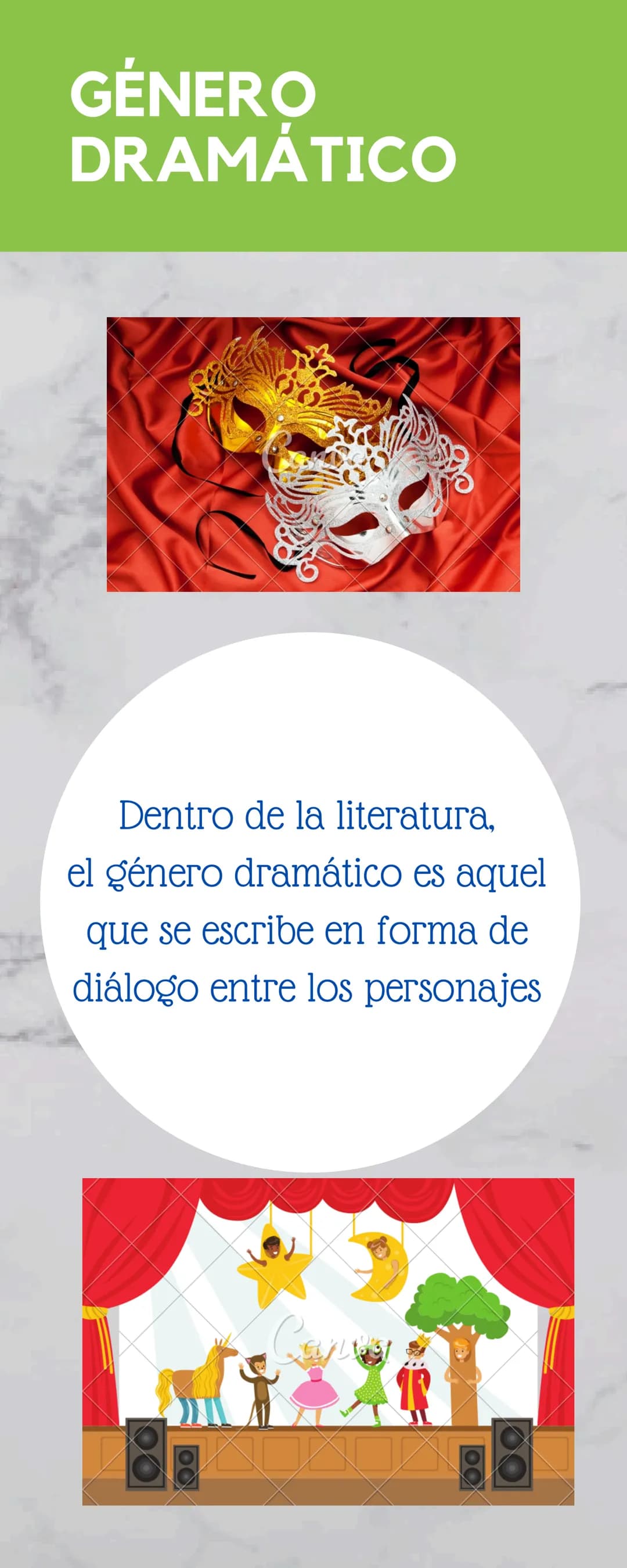 GÉNERO
DRAMÁTICO
Dentro de la literatura,
el género dramático es aquel
que se escribe en forma de
diálogo entre los personajes característic