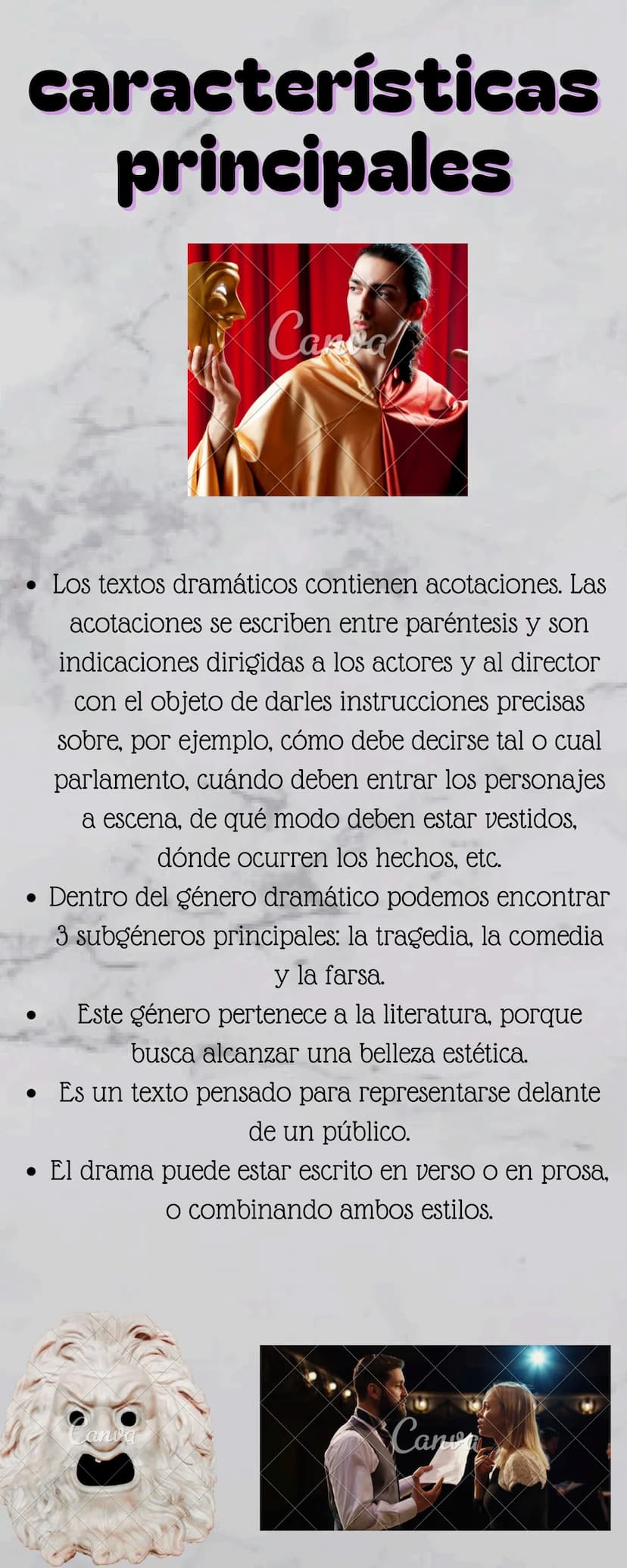GÉNERO
DRAMÁTICO
Dentro de la literatura,
el género dramático es aquel
que se escribe en forma de
diálogo entre los personajes característic