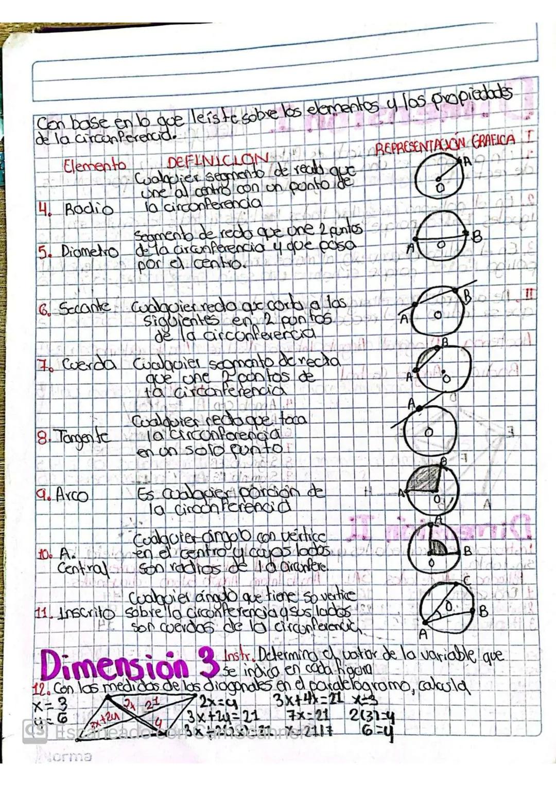 Con base en lo que leiste sobre los elementos y las propiedades
de la circonferencid
Elemento
4. Rodio
✓ REPRESENTATION GRAFICA
que
DEFINICI
