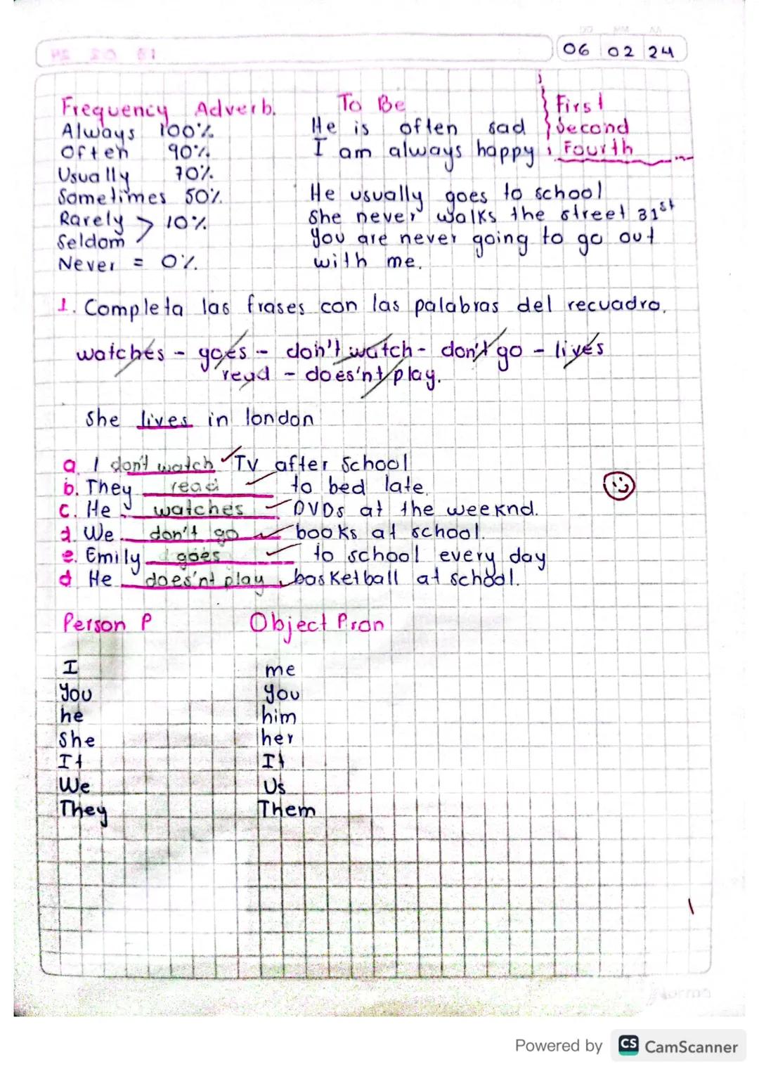 PA20 61

Frequency Adverb.
Always 100%
Often 90%
Usually 70%
Sometimes 50%
Rarely> 10%
Seldom
Never = 0%

To Be
06 02 24

First
He is often 