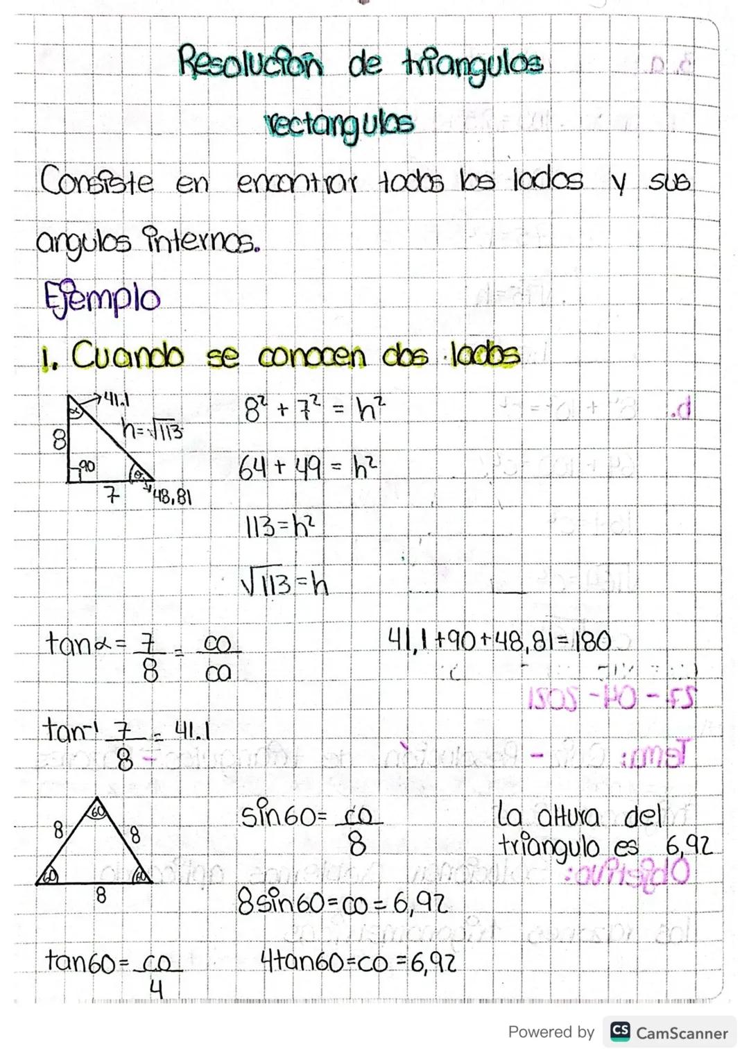 # Resolución de triangulos
rectangulos
Consiste en encontrar todos los lados y sUB
angulos internos.
Ejemplo
1. Cuando se conocen dos lados.