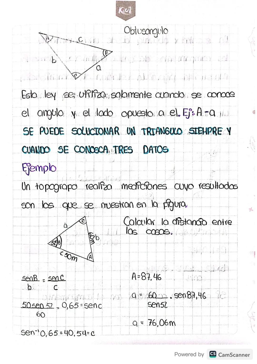 # Resolución de triangulos
rectangulos
Consiste en encontrar todos los lados y sUB
angulos internos.
Ejemplo
1. Cuando se conocen dos lados.