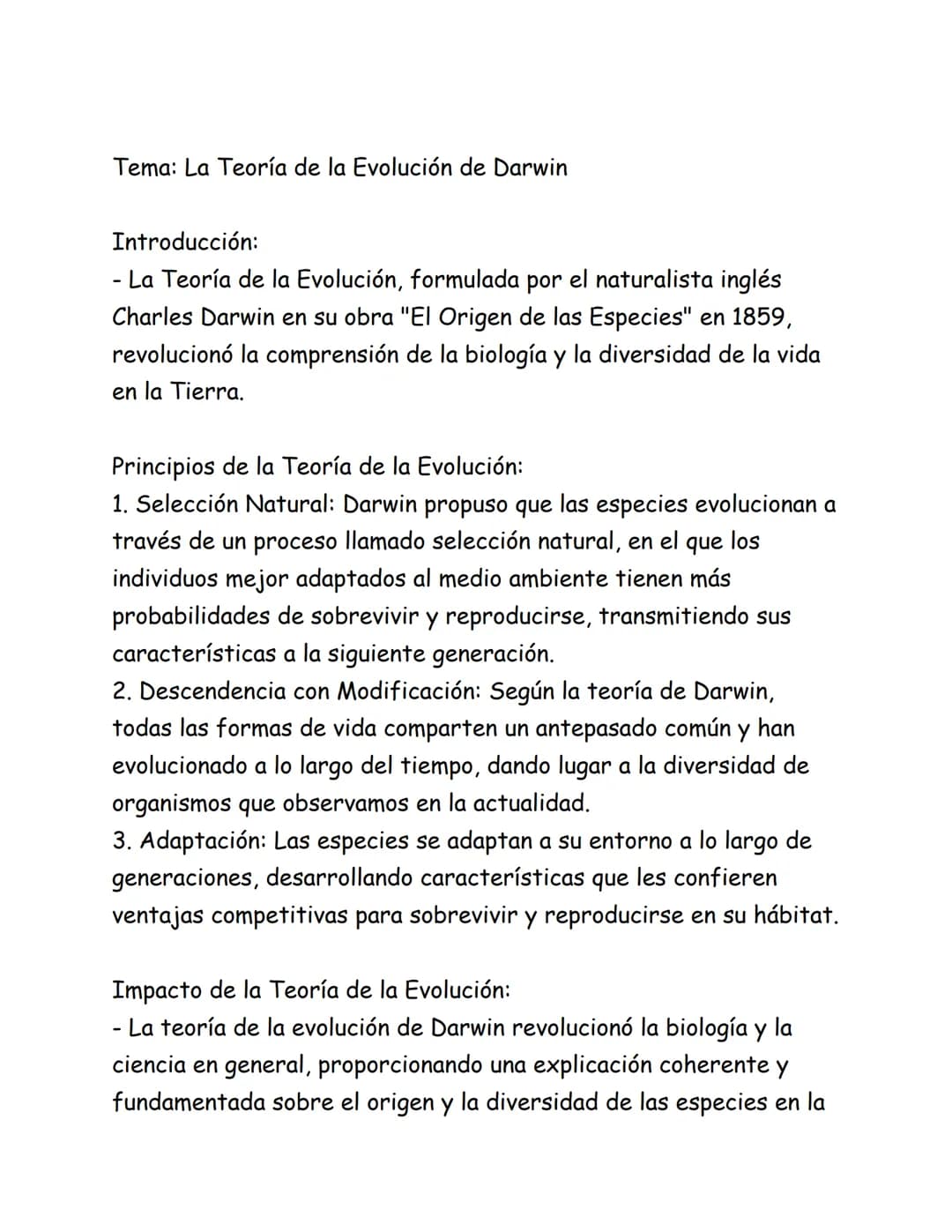 Tema: La Teoría de la Evolución de Darwin
Introducción:
- La Teoría de la Evolución, formulada por el naturalista inglés
Charles Darwin en s
