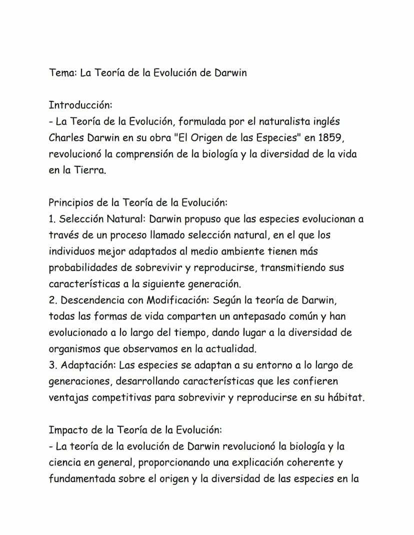 Tema: La Teoría de la Evolución de Darwin
Introducción:
- La Teoría de la Evolución, formulada por el naturalista inglés
Charles Darwin en s