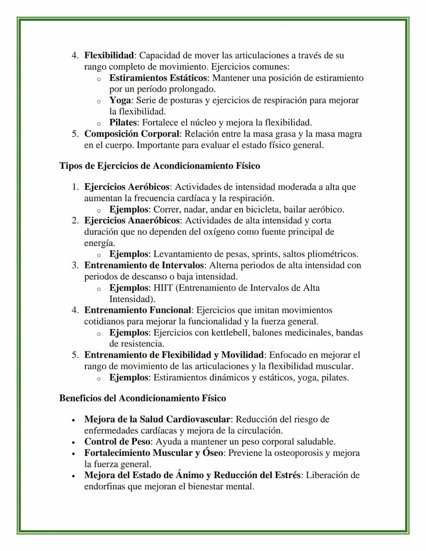 Acondicionamiento Físico:
Conceptos y Ejercicios
Concepto de Acondicionamiento Físico
El acondicionamiento físico es el conjunto de activida