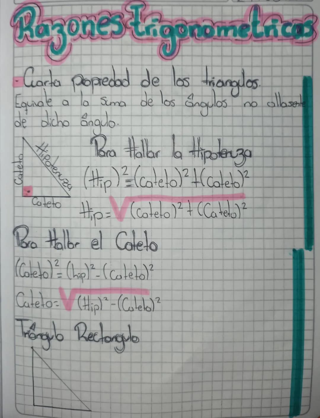 Razones trigonometrices
- Carta popiedad de los triangelos.
Equivale a la suma de los. Engulos
de dicho Engulo.
Cateto
Hipotenuza
Cateto
Par