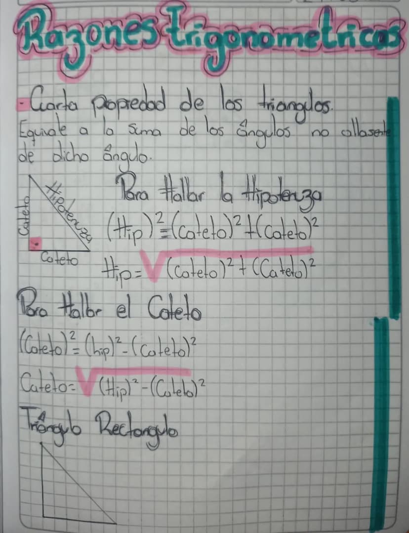 Razones trigonometrices
- Carta popiedad de los triangelos.
Equivale a la suma de los. Engulos
de dicho Engulo.
Cateto
Hipotenuza
Cateto
Par