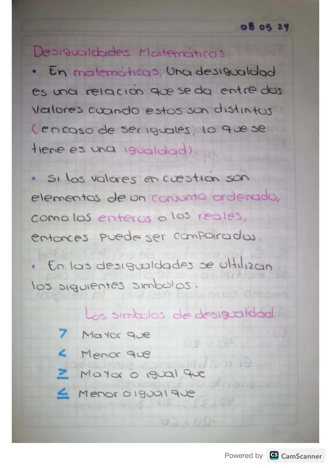 08 05 24
# Desigualdades Moitemáticas
• En matemáticas, Una desigualdad
es una relación que se da entre dos
Valores cuando estos son distint