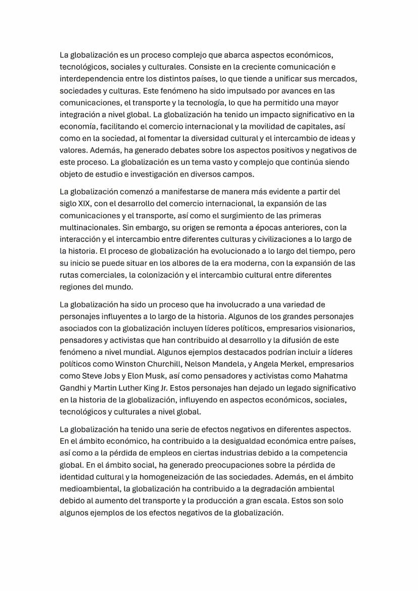 La globalización es un proceso complejo que abarca aspectos económicos,
tecnológicos, sociales y culturales. Consiste en la creciente comuni