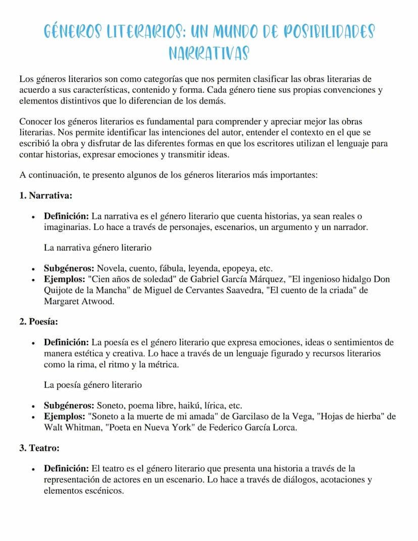 GÉNEROS LITERARIOS: UN MUNDO DE POSIBILIDADES
NARRATIVAS
Los géneros literarios son como categorías que nos permiten clasificar las obras li