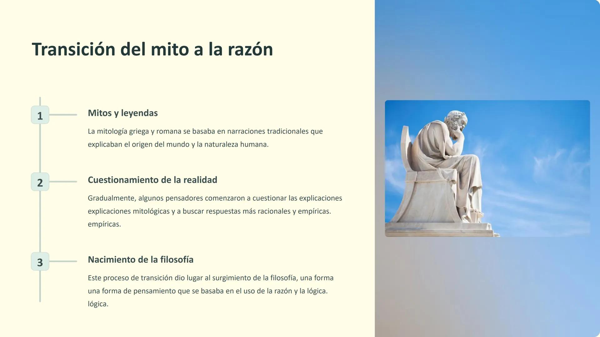 Antecedentes de la filosofía:
Mitología griega y romana, paso del
mito a la razón
Desde tiempos inmemoriales, las civilizaciones antiguas ha