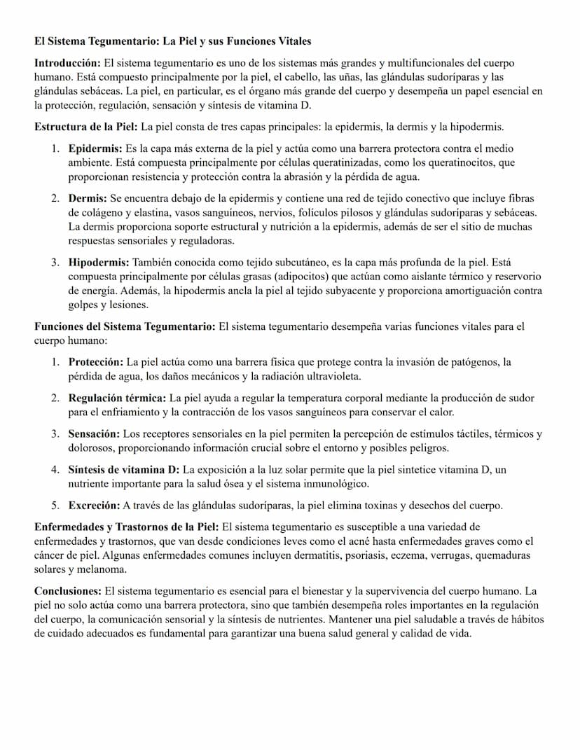 El Sistema Tegumentario: La Piel y sus Funciones Vitales
Introducción: El sistema tegumentario es uno de los sistemas más grandes y multifun