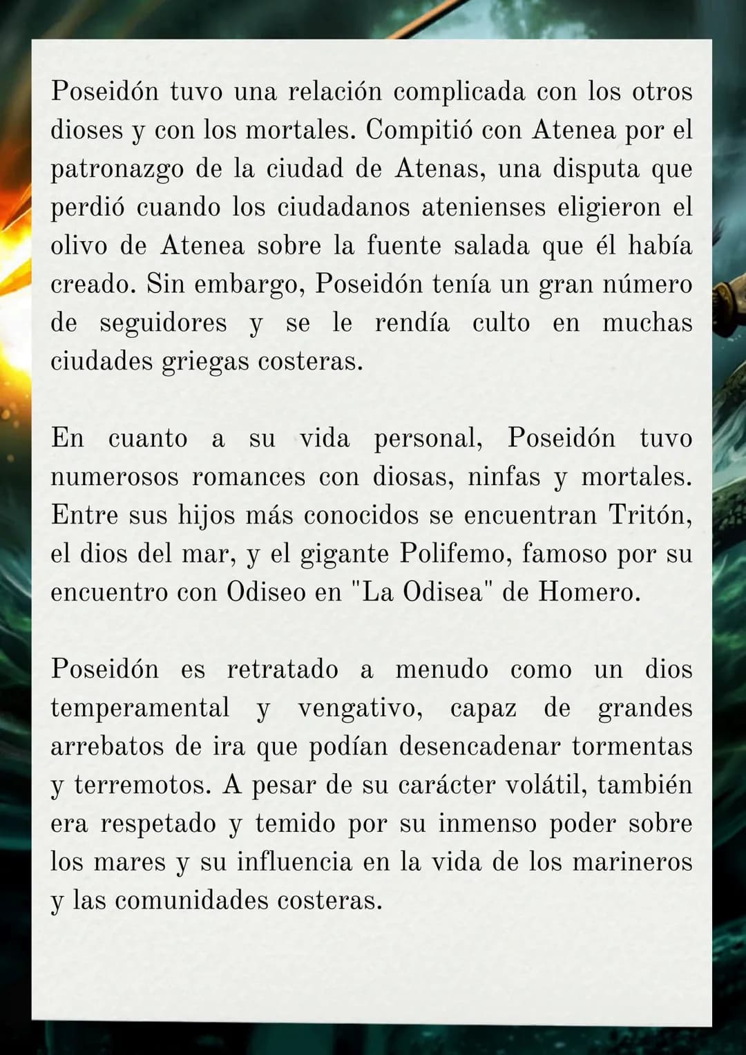 POSEIDÓN
(dios del mar)
Poseidón es uno de los dioses más importantes de la
mitología griega, conocido como el dios del mar, los
terremotos 