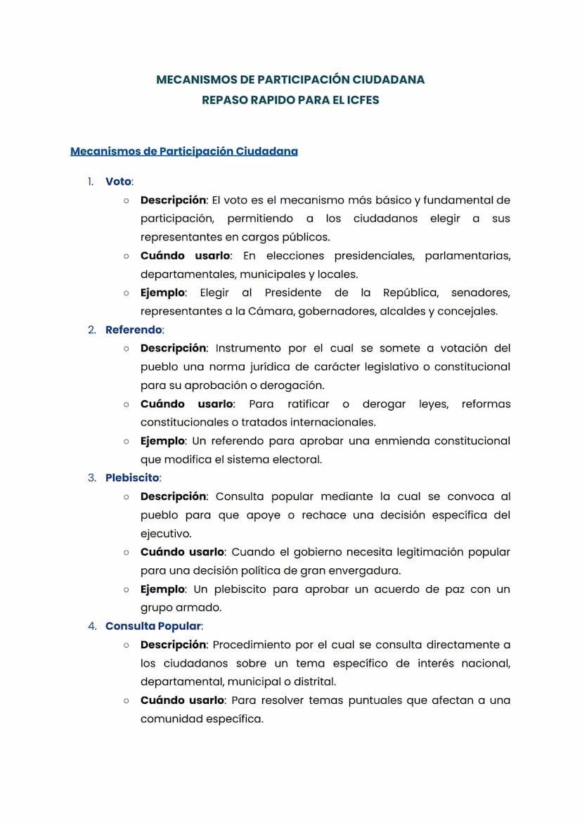 MECANISMOS DE PARTICIPACIÓN CIUDADANA
REPASO RAPIDO PARA EL ICFES
Mecanismos de Participación Ciudadana
1. Voto:
。 Descripción: El voto es e