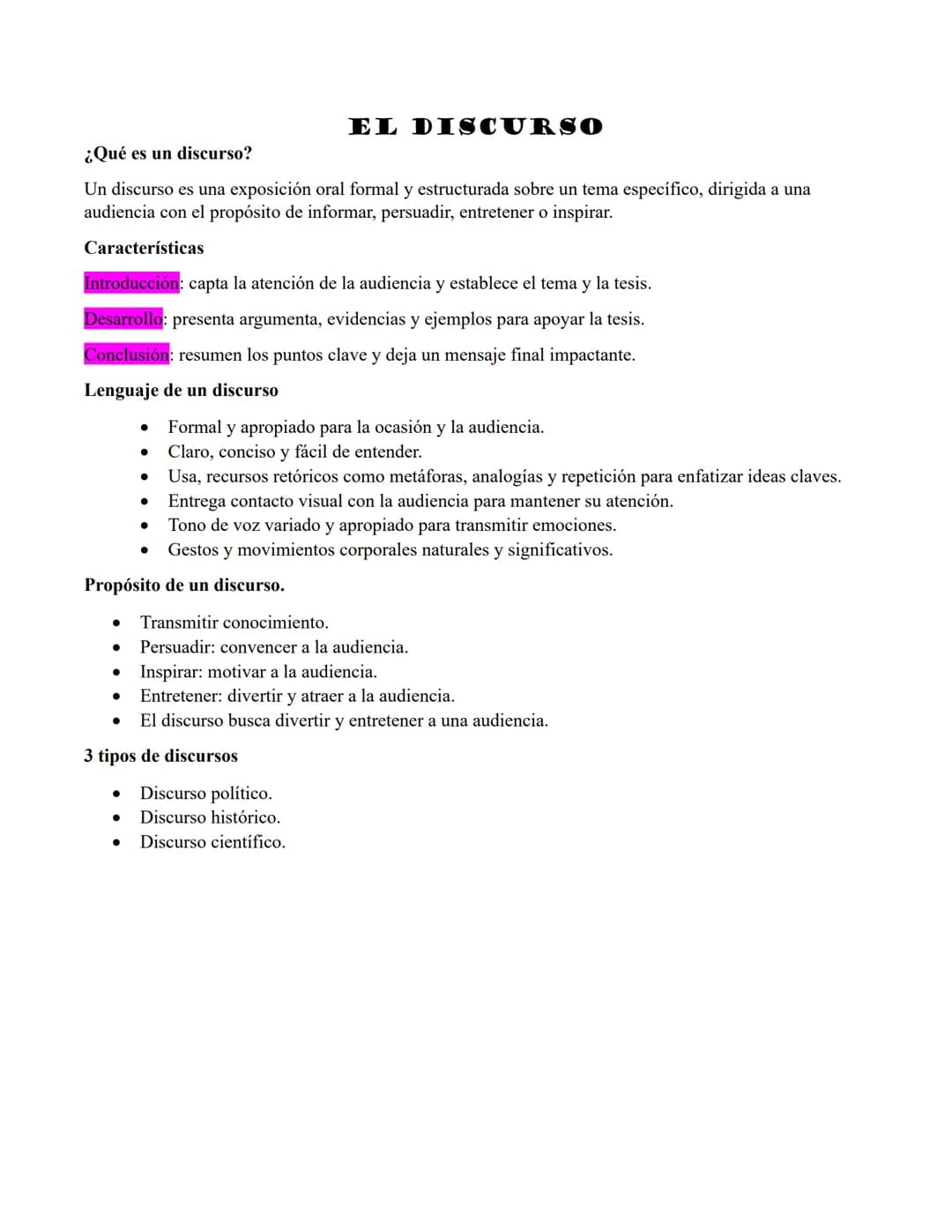 ¿Qué es un discurso?
EL DISCURSO
Un discurso es una exposición oral formal y estructurada sobre un tema específico, dirigida a una
audiencia