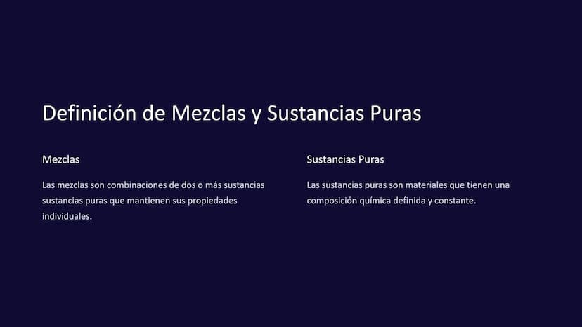 Clasificación de la
Materia: Mezclas y
Sustancias Puras
La materia se clasifica en mezclas y sustancias puras, las
puras, las cuales pueden 