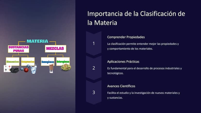 Clasificación de la
Materia: Mezclas y
Sustancias Puras
La materia se clasifica en mezclas y sustancias puras, las
puras, las cuales pueden 