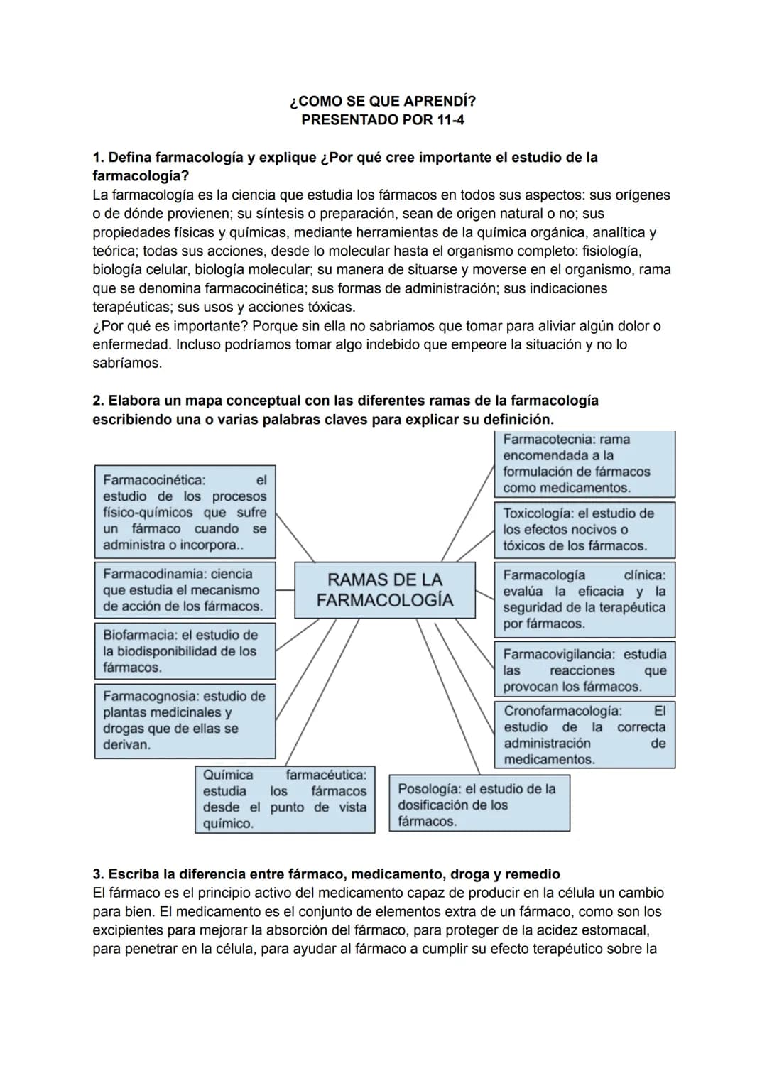 ¿COMO SE QUE APRENDÍ?
PRESENTADO POR 11-4
1. Defina farmacología y explique ¿Por qué cree importante el estudio de la
farmacología?
La farma