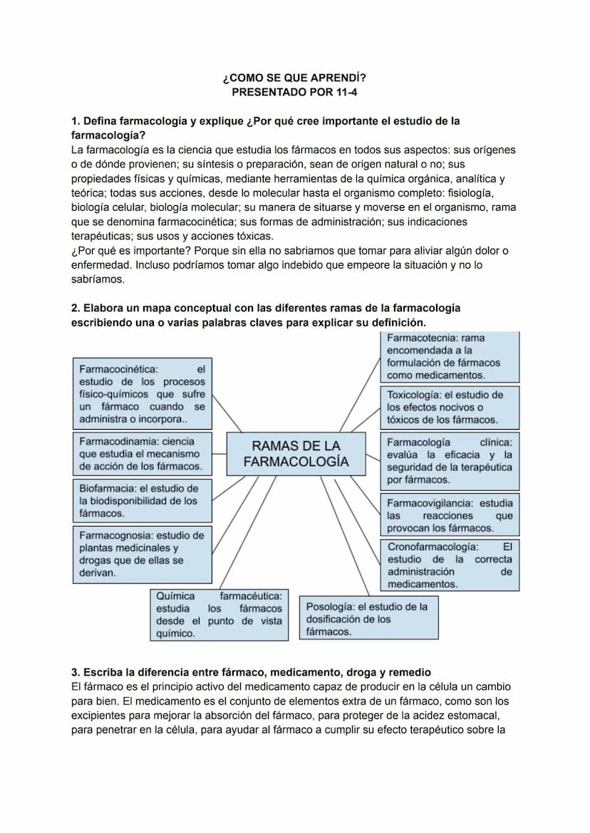 ¿COMO SE QUE APRENDÍ?
PRESENTADO POR 11-4
1. Defina farmacología y explique ¿Por qué cree importante el estudio de la
farmacología?
La farma