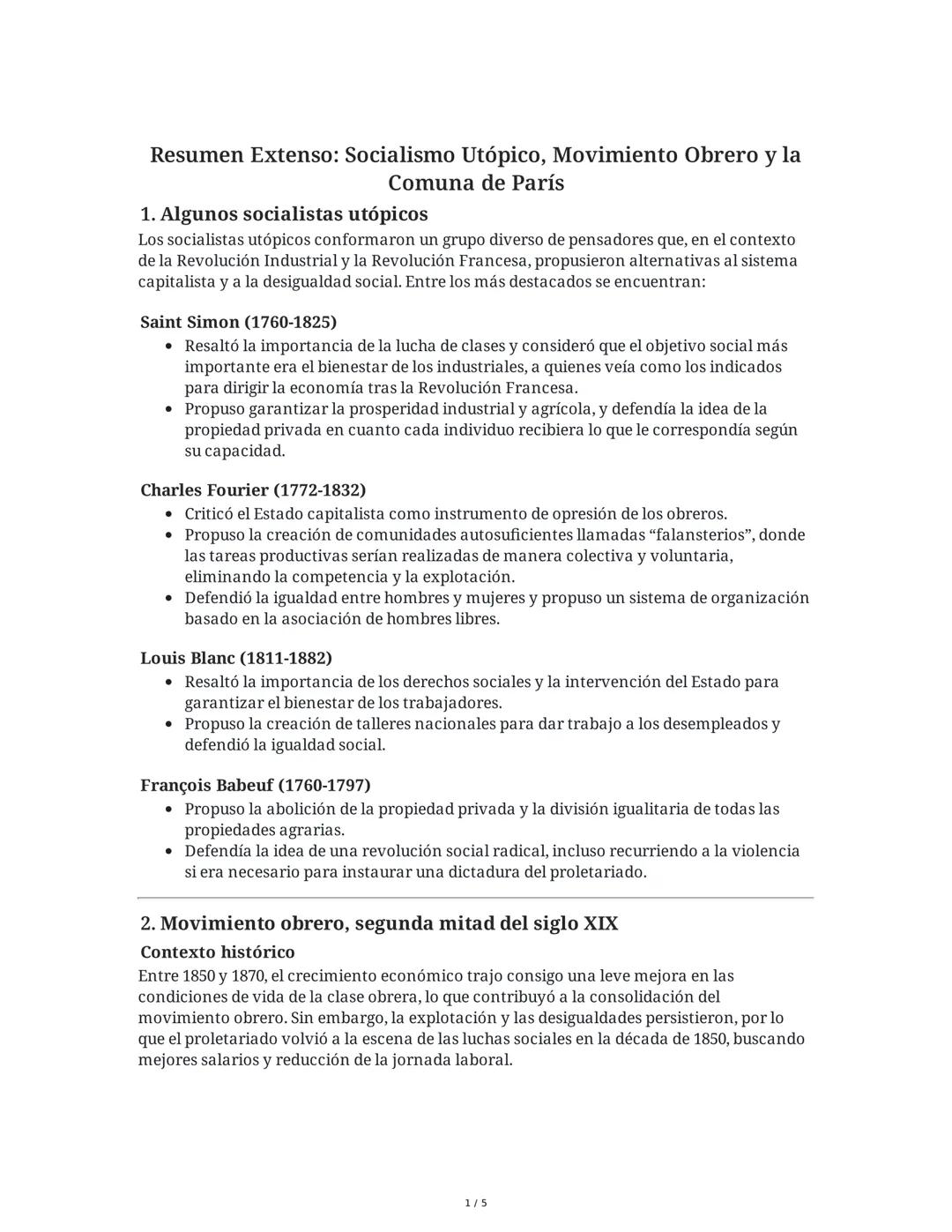 Resumen Extenso: Socialismo Utópico, Movimiento Obrero y la
Comuna de París
1. Algunos socialistas utópicos
Los socialistas utópicos conform