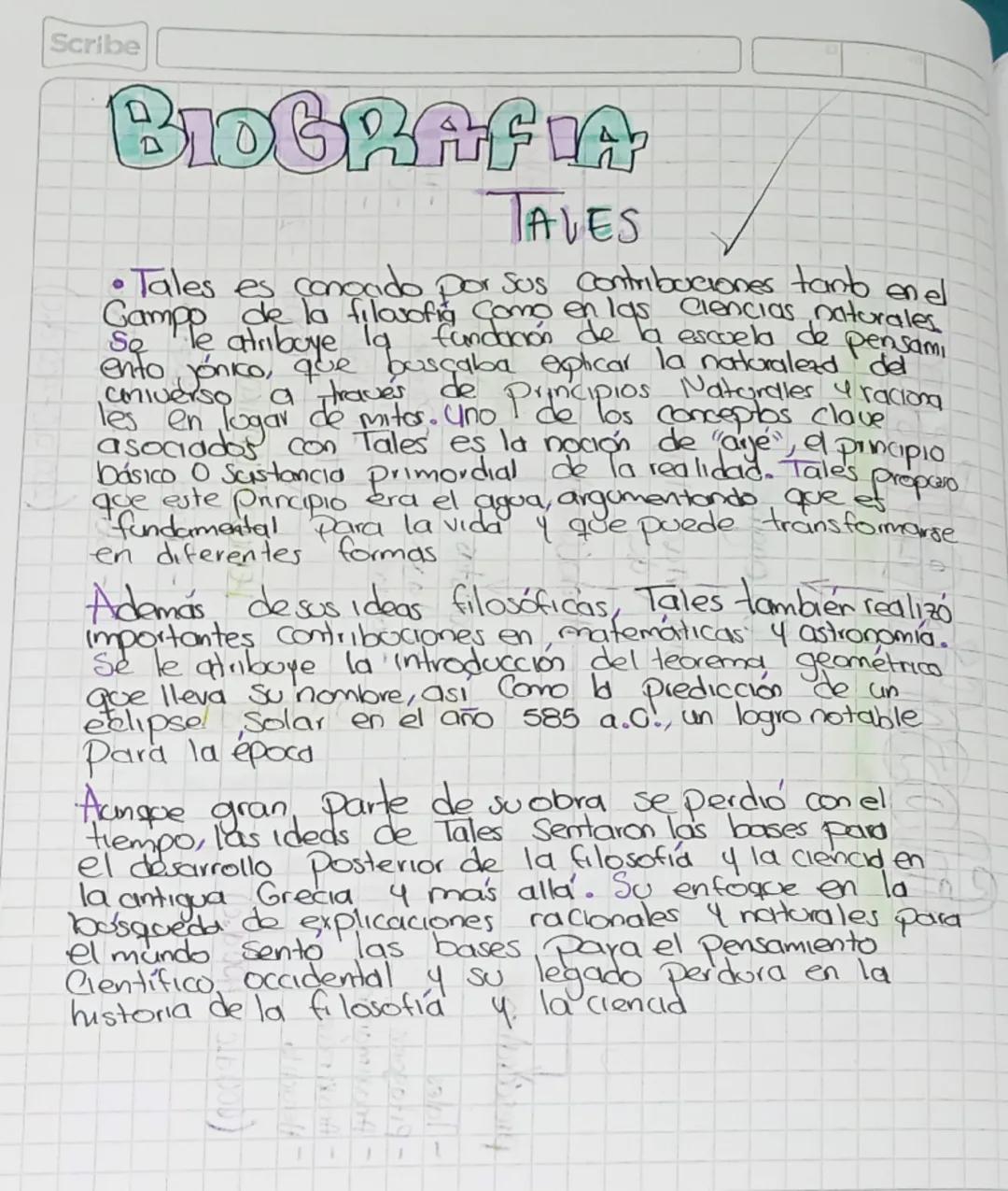 Scribe
BIOGRAFLA
JAVES
Tales es conocido por sus contribuciones tanto en el
Campo de la filosofic Como en las Clencias naturales
Se le atrib