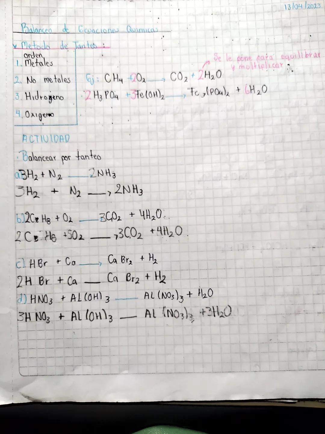13/04/2023
Balanceo de Ecoaciones Quimicas.
Metodo de Tantes
orden,
1. Metales
Se le pone para equilibrax.
y multiplicar
Gj: CHOCO₂+2H20
- F